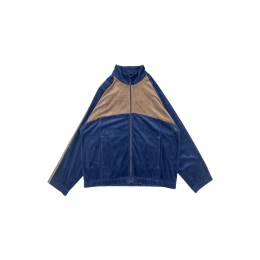 Order online for customized gold velvet jacket. Fashionable gold velvet jacket with contrasting color. Stand-up collar. Elastic cuffs. Royal blue and brown J1052 Order online for customized gold velvet jacket. Fashionable gold velvet jacket with contrasting color. Stand-up collar. Elastic cuffs. Royal blue and brown J1052